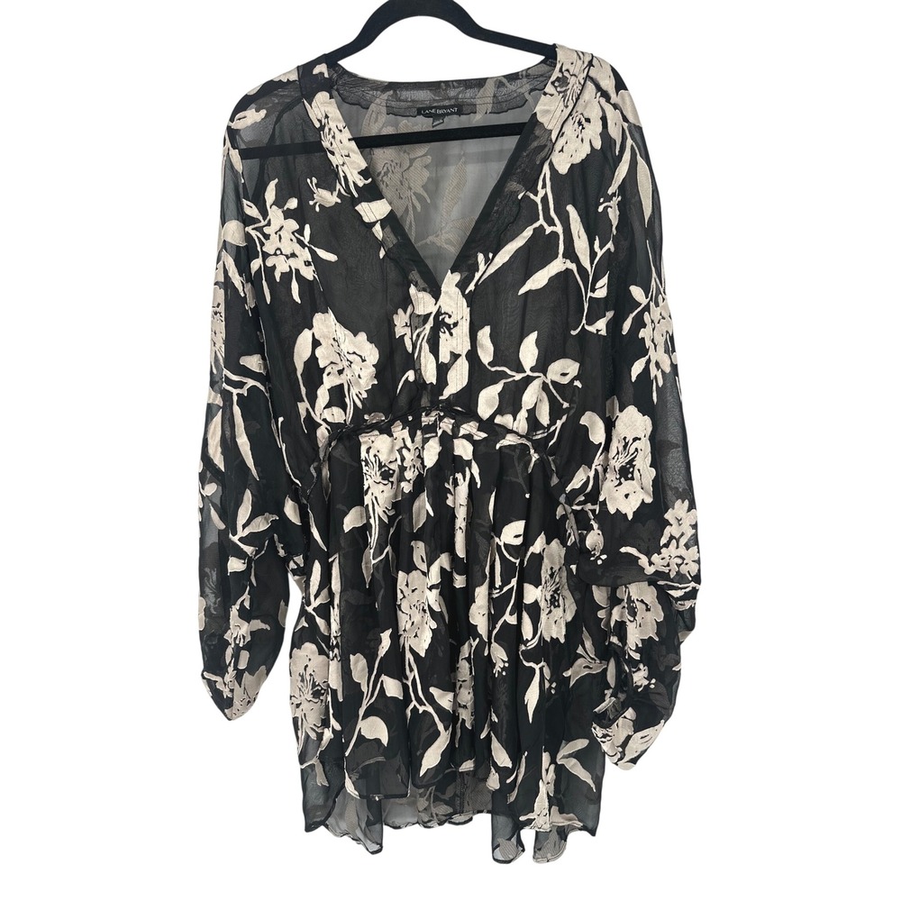 Lane Bryant Tunic Top Women 22/24 Black Floral Sheer Chiffon Boho Romantic Boho